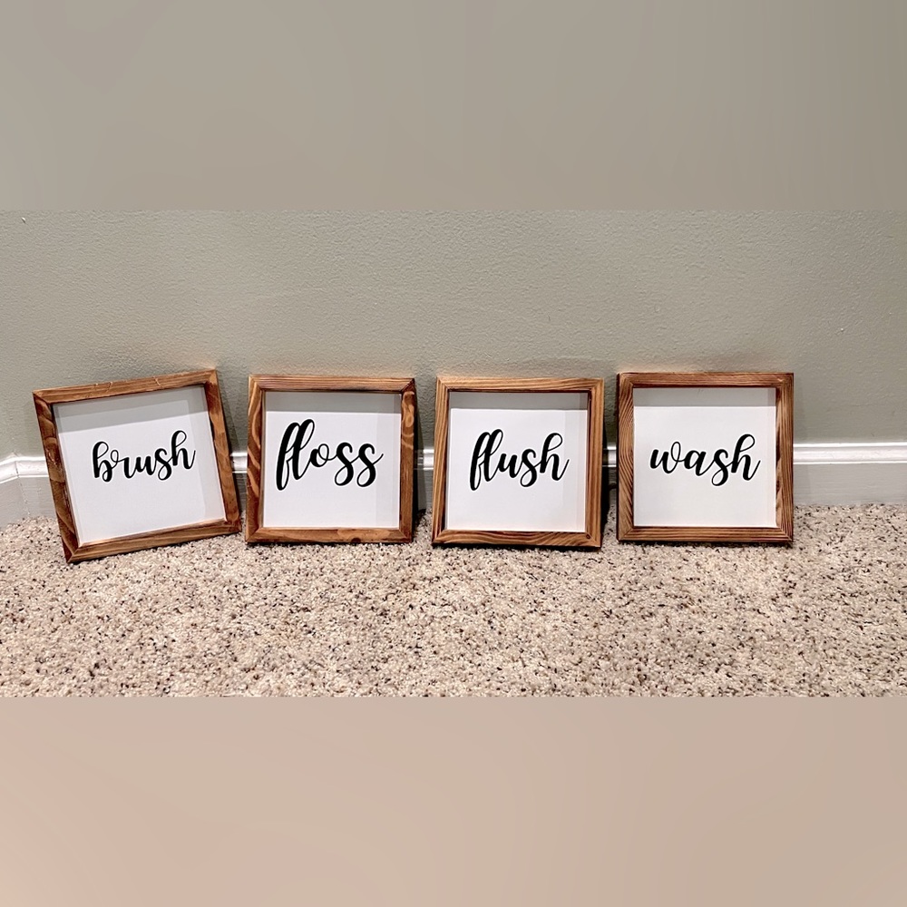 Wood Frame Bathroom Signs Set - Brush, Floss, Flush, Wash - Neutral Brown